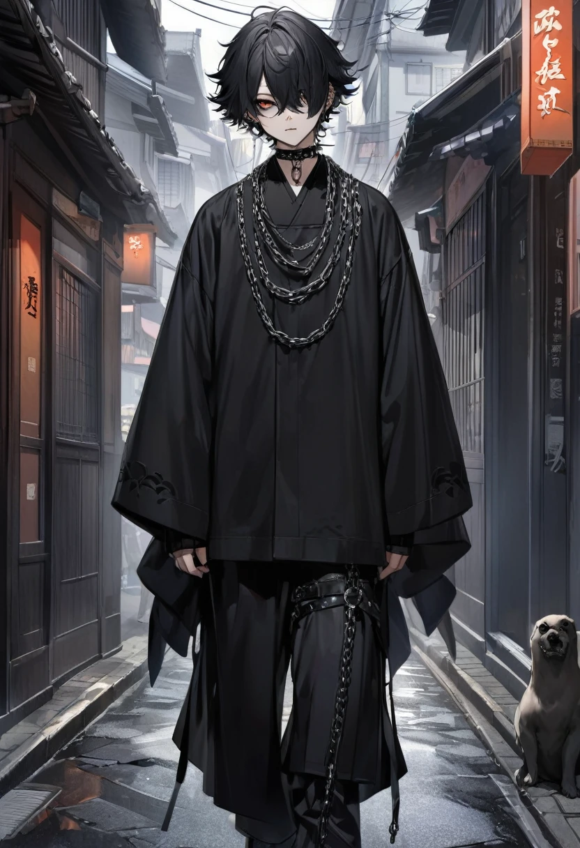 Japanese boy gothic style, de roupa preta, cabelo preto liso, pelo realista, adulto, olhos azuis, chains on the neck, andando na rua 