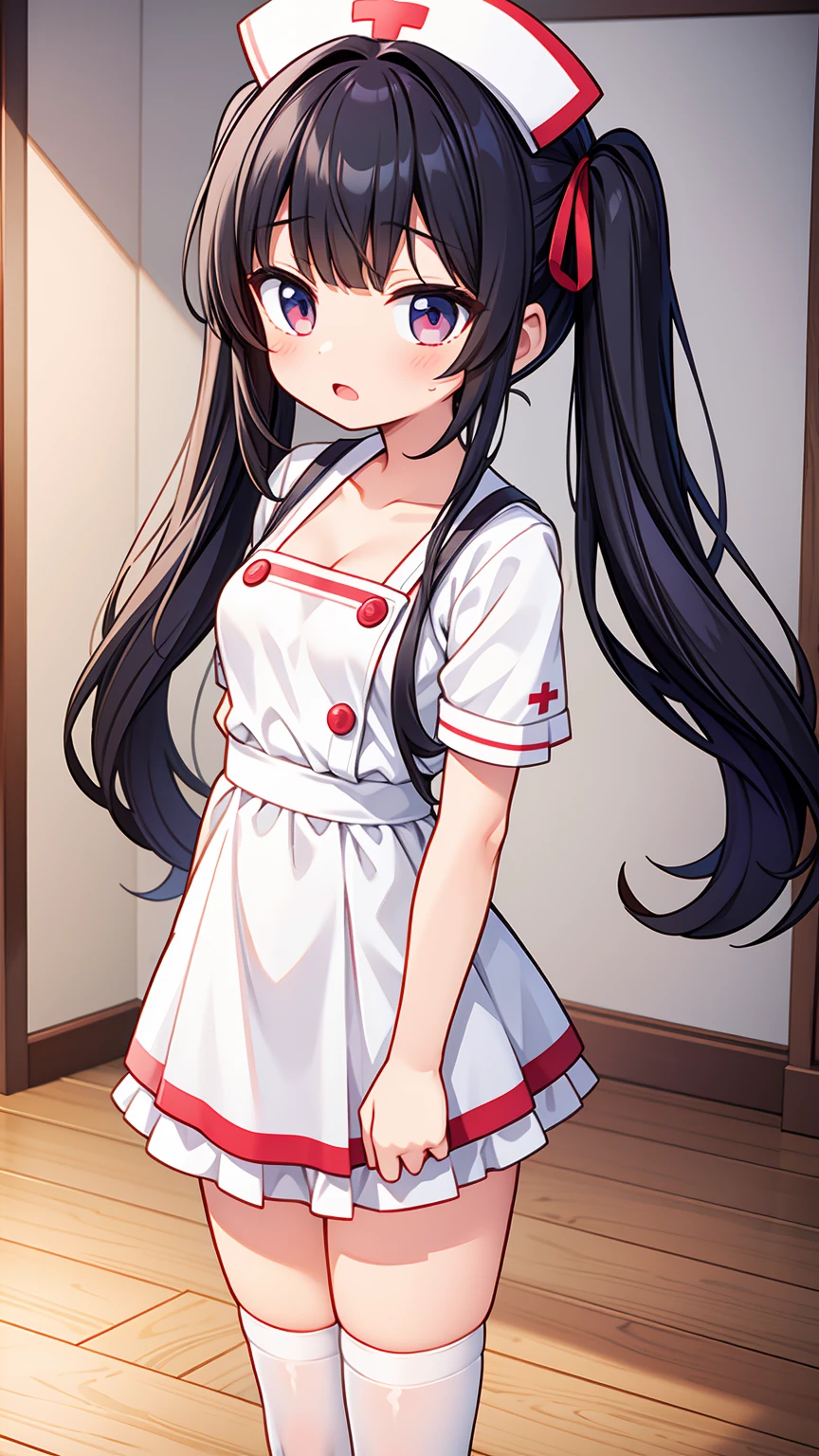 masterpiece, best image quality, ultra high resolution, (loli girl with small breasts), twin tail hairstyle, black hair, red face, shyly, mock, Open your mouth just a little, (A short-sleeved white nurse uniform that shows the cleavage of a loli girl), (white thigh high socks for loli girls), well-shaped lower body, nurse cap, Inside the hospital