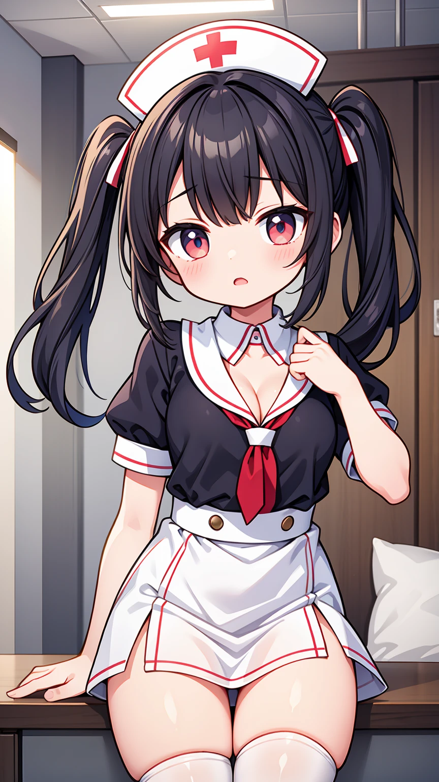 masterpiece, best image quality, ultra high resolution, ( girl with small breasts), twin tail hairstyle, black hair, red face, shyly, mock, Open your mouth just a little, (A short-sleeved white nurse uniform that shows the cleavage of a lolil), (white thigh high socks for loli gir well-shaped lower body, nurse cap, Inside the hospital