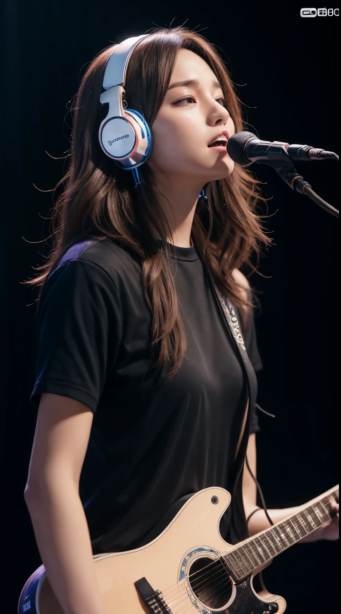 (Headphones:1.4), One Girl, Portraiture, Bokeh, Tabletop, Natural light, Accurate, Anatomically correct, Textured skin, debtront lighting, debt/1.0mm, debtujifilm G debtX 50R, Regina Display, Super detailed, Attention to detail, high quality, 最high quality, High resolution, んdebtdebt, 1080p, hard disk, 4K, 8k, Wavy Hair, Guitar Heroine, Let's Rock, Solo singer, (View Viewer:1.2), Stage lighting,