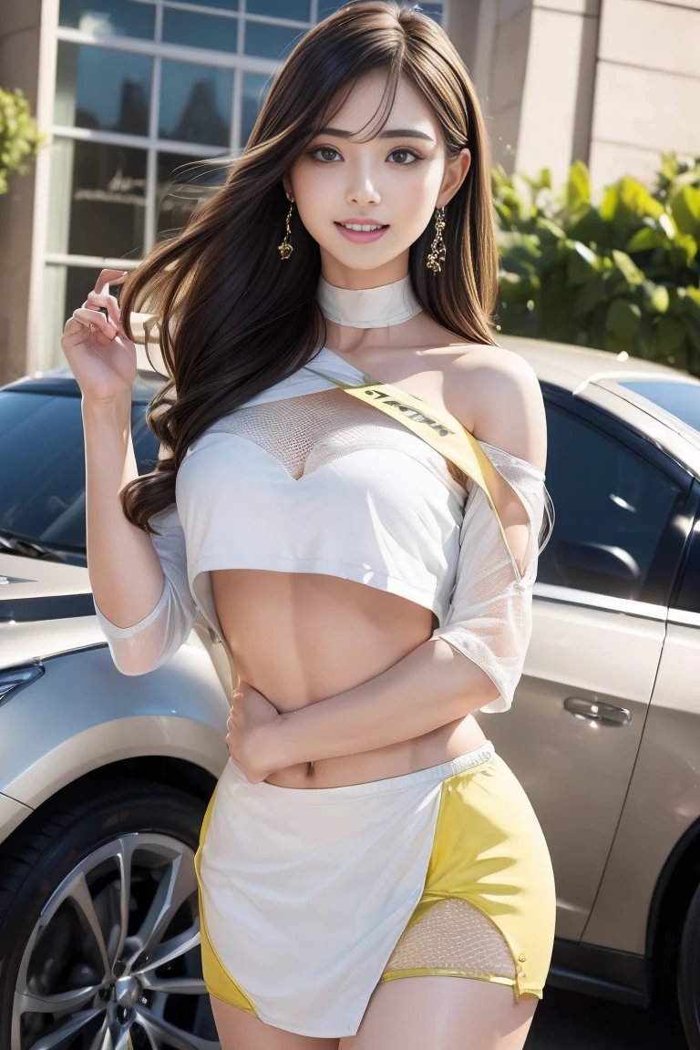 (((One-shoulder mesh girls outfit))),(((Dynamic pose))),(((Abdominal Peek))),(((Show lower chest ))),(((Yellow and white miniskirt lift))),(((Bare inner thighs))),(((Formula One racing car display))),Ulzzang-6500-v1.1, (Original photo:1.2), (Realistic:1.4), Beautiful and delicate girl, Very detailedな目と顔, Beautiful and delicate eyes,(Pale skin), Very detailed, High resolution, highest quality,masterpiece, Very detailed, 8k wallpaper, wonderful, Fine details, highest quality, There is Light on the face,Light,One Girl,(car truck),Beautiful Eyes,smile,Open your mouth