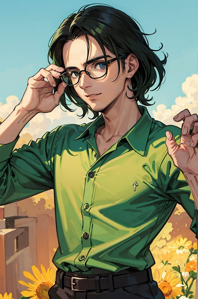homem, glasses, olhos verdes, cabelo castanho,((melhor qualidade)),(detalhado)