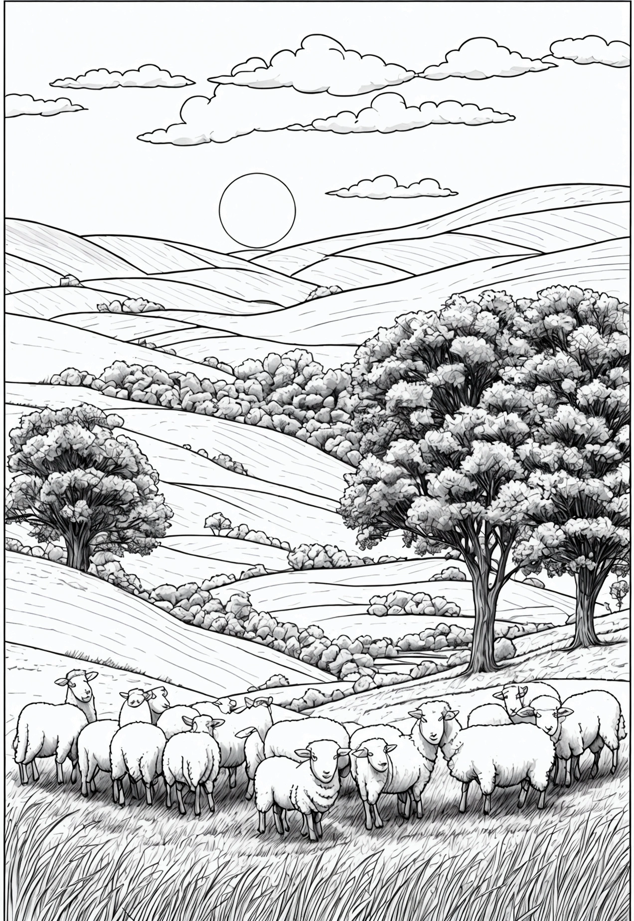 grey and white only, Book page coloring art, All-white background, Use only outlines, line art, coloring book, Clean line art, For coloring Simple and clean line art, coloring book page, perfect symmetric details, Shepherd with Sheep: A pastoral scene with a shepherd watching over a flock of sheep in a grassy field, with a backdrop of rolling hills and a setting sun.