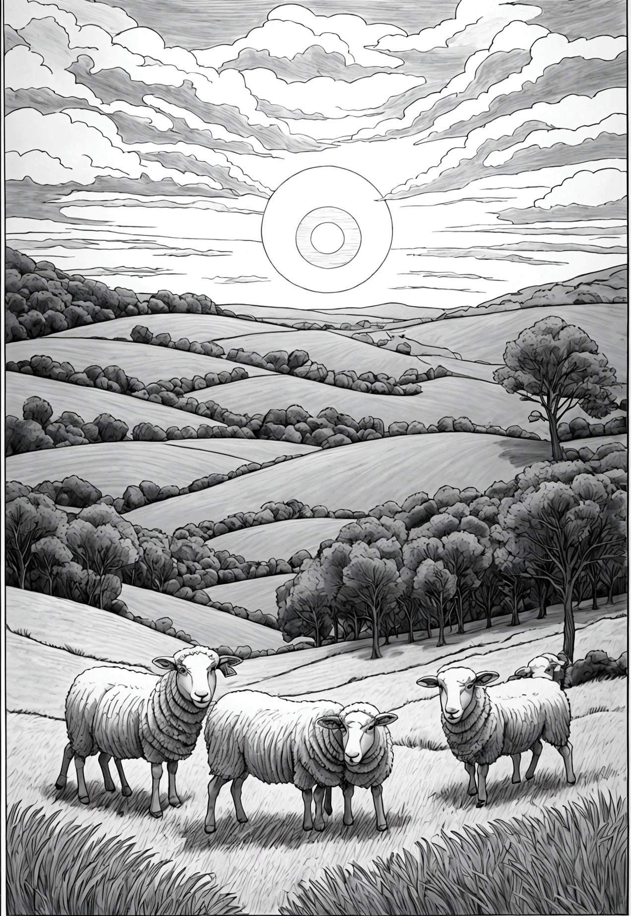 grey and white only, Book page coloring art, All-white background, Use only outlines, line art, coloring book, Clean line art, For coloring Simple and clean line art, coloring book page, perfect symmetric details, Shepherd with Sheep: A pastoral scene with a shepherd watching over a flock of sheep in a grassy field, with a backdrop of rolling hills and a setting sun.
