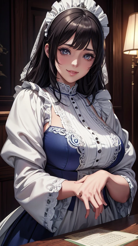 NFSW, Beautiful detailed portrait of a girl with big eyes, Fuller lips, Smiling Kindly, Long eyelashes,  Maid clothesを着て, tihn fabric clothing, In sensual poses, (highest quality,4K,8k,High resolution,masterpiece:1.2),Super detailed,(Realistic,photoRealistic,photo-Realistic:1.37),Highly detailed face, Maid clothes, Intricate details, Vibrant colors, Dramatic lighting, Structure of the film, Anime-inspired art style