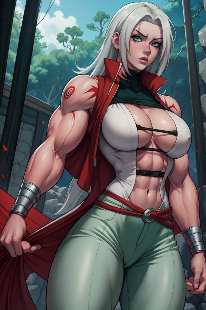 A pale skin sarada + Naruto sexy with tired eyes mel medium hair green eyes,huge muscle veiny bulging veins giant body,getting insane with power,colossal,maniacal,backshot
