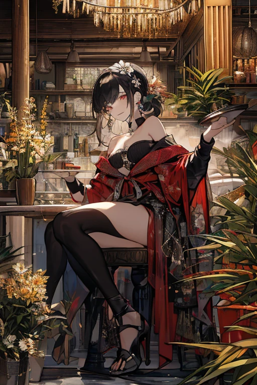 (((Masterpiece))),(((Super Detail))),(((in 8K))),(((best composition))),(((Rim lighting,Fireglow effect,deep shadow))),solo),Beautiful fingers,Detailed finger features,(Detailed hair features:1.7),(Dynamic and sexy bending pose:1.3),detailed facial features,detailed clothes features, (perky chest:1.1), (pointed chest:1.3), delicate beautiful face, Bright blue eyes, cute eyes, sparkling eyes, Big eyes, beautiful detailed eyes,double bun with glittering hair ornament:0.6,(super detailed glossy skin:1.3),slender body,goddess smile,((with sparkling eyes and a contagious smile)),beautiful posture,have a cup of coffee,black hair, red eyes, dress, bare shoulders, jewelry, collarbone, sidelocks, hairband, earrings, indoors, off shoulder, sweater, arms behind back, plant, short hair with long locks, white hairband, off-shoulder dress, sweater dress, off-shoulder sweater, red sweater, big side hair, very long side hair,(super delicate floral pattern:1.2),seductive cleavage:1.3,beautiful glossy legs,shiny red high heels,lifting dishes with cakesd,french restaurant,hustle and bustle,rising steam,(((depth of fields)))