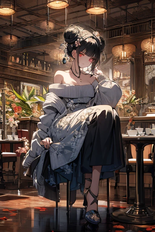 (((Masterpiece))),(((Super Detail))),(((in 8K))),(((best composition))),(((Rim lighting,Fireglow effect,deep shadow))),solo),Beautiful fingers,Detailed finger features,(Detailed hair features:1.7),(Dynamic and sexy bending pose:1.3),detailed facial features,detailed clothes features, (perky chest:1.1), (pointed chest:1.3), delicate beautiful face, Bright blue eyes, cute eyes, sparkling eyes, Big eyes, beautiful detailed eyes,double bun with glittering hair ornament:0.6,(super detailed glossy skin:1.3),slender body,goddess smile,((with sparkling eyes and a contagious smile)),beautiful posture,have a cup of coffee,black hair, red eyes, dress, bare shoulders, jewelry, collarbone, sidelocks, hairband, earrings, indoors, off shoulder, sweater, arms behind back, plant, short hair with long locks, white hairband, off-shoulder dress, sweater dress, off-shoulder sweater, red sweater, big side hair, very long side hair,(super delicate floral pattern:1.2),seductive cleavage:1.3,beautiful glossy legs,shiny red high heels,lifting dishes with cakesd,french restaurant,hustle and bustle,rising steam,(((depth of fields)))