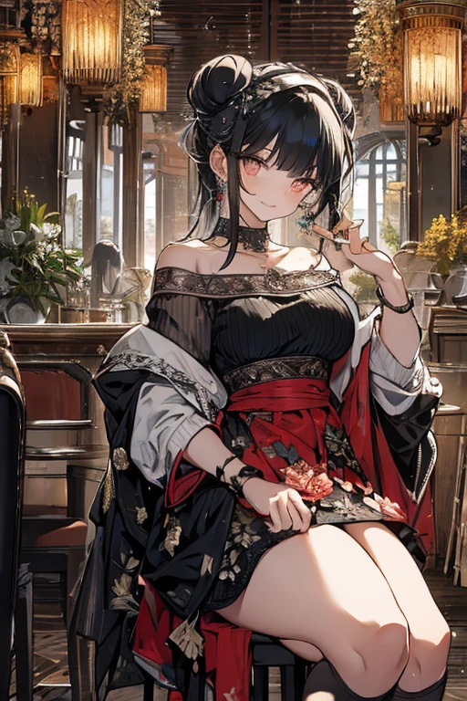 (((Masterpiece))),(((Super Detail))),(((in 8K))),(((best composition))),(((Rim lighting,Fireglow effect,deep shadow))),solo),Beautiful fingers,Detailed finger features,(Detailed hair features:1.7),(Dynamic and sexy bending pose:1.3),detailed facial features,detailed clothes features, (perky chest:1.1), (pointed chest:1.3), delicate beautiful face, Bright blue eyes, cute eyes, sparkling eyes, Big eyes, beautiful detailed eyes,double bun with glittering hair ornament:0.6,(super detailed glossy skin:1.3),slender body,goddess smile,((with sparkling eyes and a contagious smile)),beautiful posture,have a cup of coffee,black hair, red eyes, dress, bare shoulders, jewelry, collarbone, sidelocks, hairband, earrings, indoors, off shoulder, sweater, arms behind back, plant, short hair with long locks, white hairband, off-shoulder dress, sweater dress, off-shoulder sweater, red sweater, big side hair, very long side hair,(super delicate floral pattern:1.2),seductive cleavage:1.3,beautiful glossy legs,shiny red high heels,lifting dishes with cakesd,french restaurant,hustle and bustle,rising steam,(((depth of fields)))