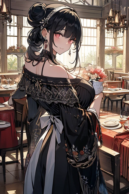 (((Masterpiece))),(((Super Detail))),(((in 8K))),(((best composition))),(((Rim lighting,Fireglow effect,deep shadow))),solo),Beautiful fingers,Detailed finger features,(Detailed hair features:1.7),(Dynamic and sexy bending pose:1.3),detailed facial features,detailed clothes features, (perky chest:1.1), (pointed chest:1.3), delicate beautiful face, Bright blue eyes, cute eyes, sparkling eyes, Big eyes, beautiful detailed eyes,double bun with glittering hair ornament:0.6,(super detailed glossy skin:1.3),slender body,goddess smile,((with sparkling eyes and a contagious smile)),beautiful posture,have a cup of coffee,black hair, red eyes, dress, bare shoulders, jewelry, collarbone, sidelocks, hairband, earrings, indoors, off shoulder, sweater, arms behind back, plant, short hair with long locks, white hairband, off-shoulder dress, sweater dress, off-shoulder sweater, red sweater, big side hair, very long side hair,(super delicate floral pattern:1.2),seductive cleavage:1.3,beautiful glossy legs,shiny red high heels,lifting dishes with cakesd,french restaurant,hustle and bustle,rising steam,(((depth of fields)))