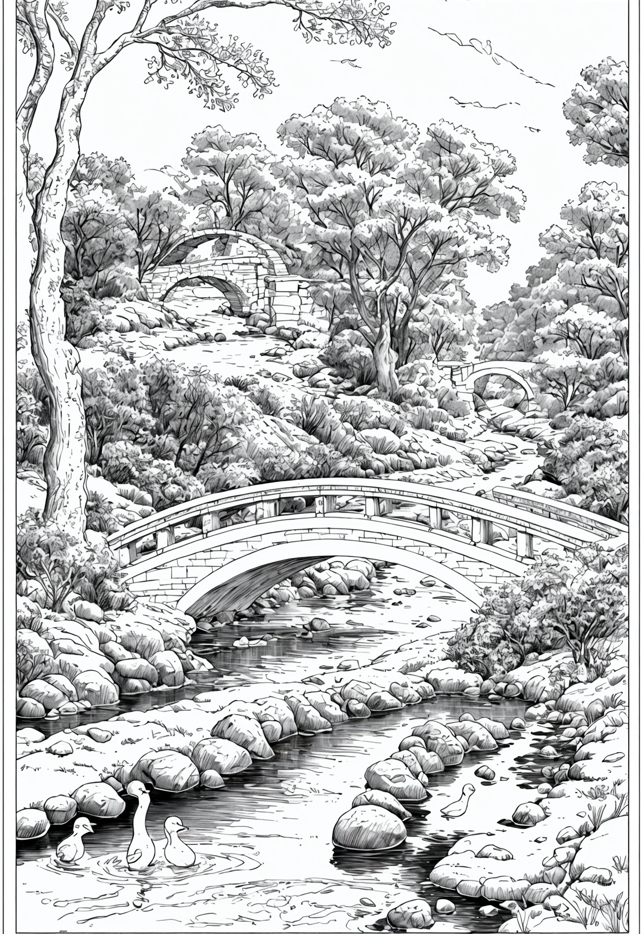 grey and white only, Book page coloring art, All-white background, Use only outlines, line art, coloring book, Clean line art, For coloring Simple and clean line art, coloring book page, perfect symmetric details, Country Bridge over a Stream: A picturesque stone bridge crossing a gentle stream, with willow trees on the banks and ducks swimming underneath.