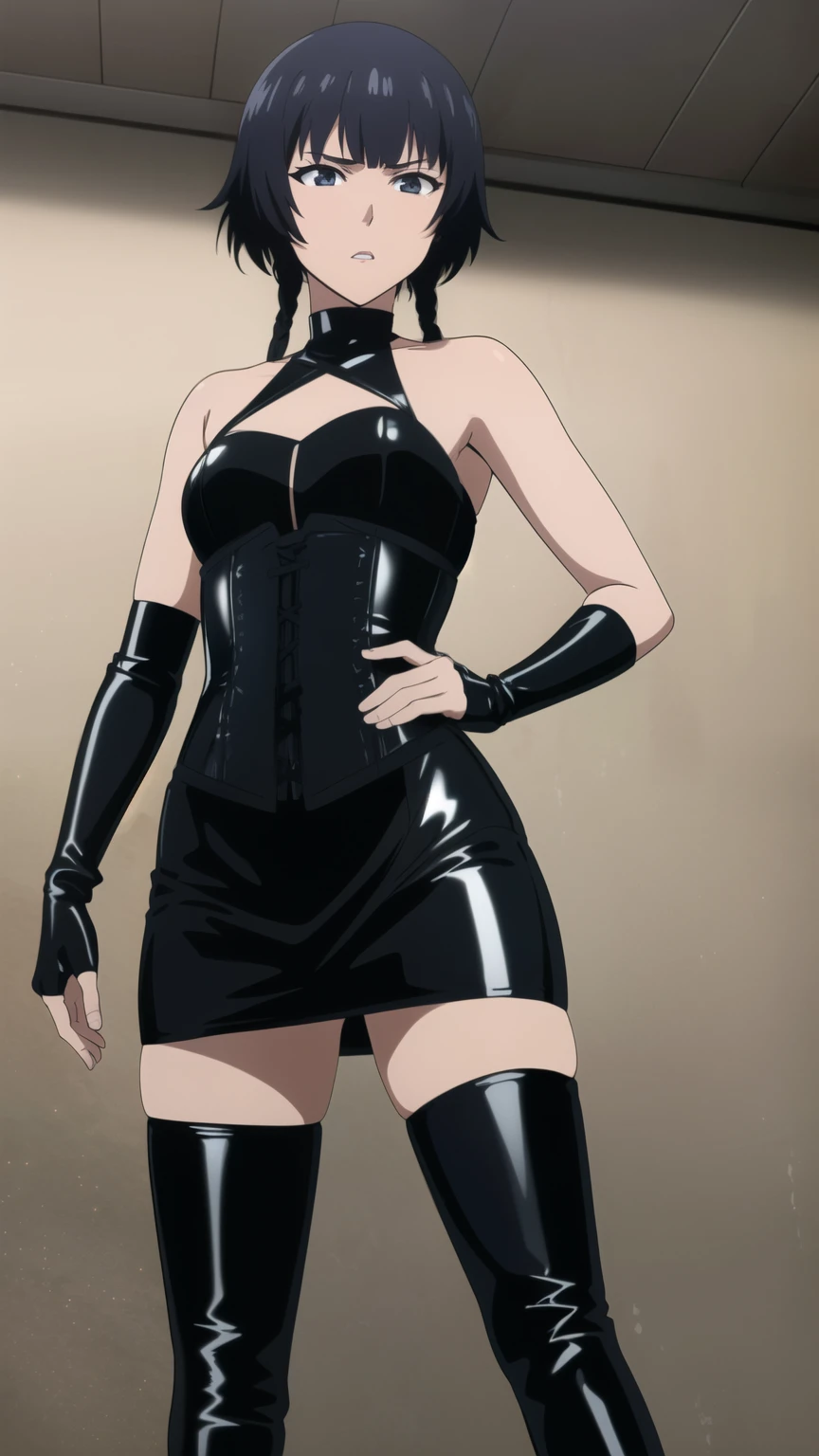 Bondage、Queen、spouse、One Girl、alone、(((Long gloves covered in black latex all the way to the fingertips:1.4 )))、(((black latex corset dress:1.4)))、(((Beautiful lace corset dress.)))、(((corset dress with shoulder straps)))、(((black latex tight miniskirt:1.4)))、(((Black thigh-high boots)))、Stiletto heels、(((Black latex panties)))、(((black latex bra)))、(((Black leather collar)))、(((Sexy pose)))、Wide-open legs、(((erotic)))、(((Cowboy Shot)))、masterpiece、Highest quality、alone、Lala Sun、One Girl
、Hair tied up on both sides、Black Hair、Forehead mark、Green Eyes、Brown Skin、Wicked Smile、blush:1.2