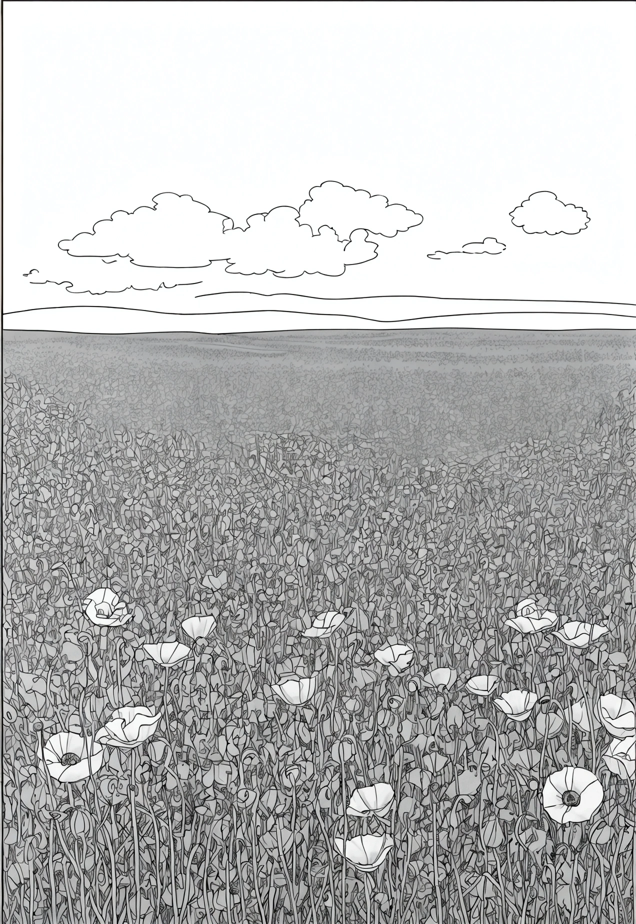 grey and white only, Book page coloring art, All-white background, Use only outlines, line art, coloring book, Clean line art, For coloring Simple and clean line art, coloring book page, perfect symmetric details, Field of Poppies: A vibrant field of red poppies stretching as far as the eye can see, with a clear blue sky and a few clouds.