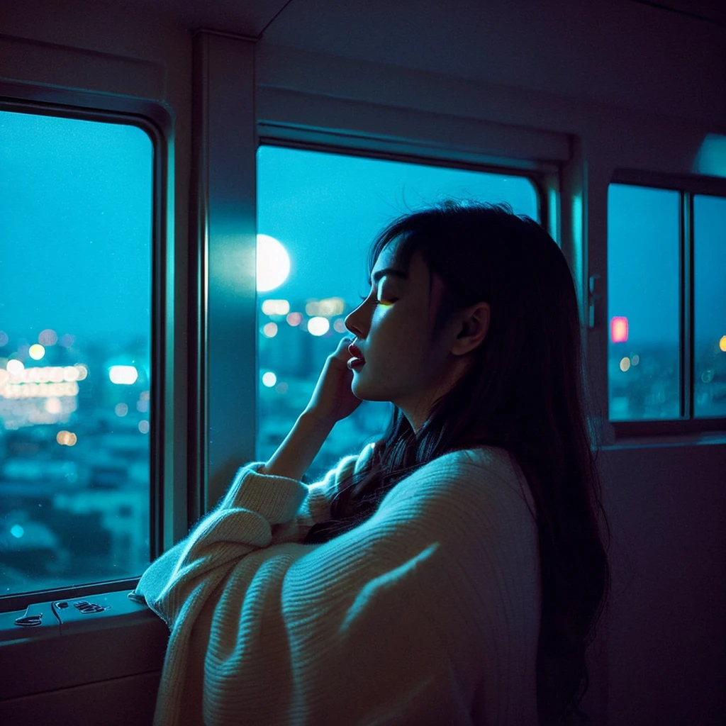 "A room in a high-rise building、There is a large window with a view of the city at night.。The room is dimly lit、A young woman is in the arms of a man。She buried her face in his chest、A tear runs down my cheek from my eye。The man is sleeping with his eyes closed and a calm expression on his face。In the room, as if to symbolize her feelings,、A pale blue light floats、Outside the window, the neon lights of the city shine brightly.。To express the silence of the night、Based on deep blue and navy blue、Bright colors of neon lights(red、yellow、pink, etc.)The accent is。The room is lit with a warm orange light.、The woman's tears are highlighted in cold blue。There is a sense of sadness and loneliness、The pain of not being loved、The quiet, introverted atmosphere expresses the feelings of a woman caught between moments of peace.。", High resolution, masterpiece, highest quality, Intricate details, Very detailed, Clear focus, Delicate skin, practical skin texture, texture, Delicate eyes, Professional, 4K, Shot with Canon, 85mm, Shallow and deep, Kodak Vision Color, Exactly, Very detailed, photograph_\(Extremist\), photographpractical, practical, Post-processing, Maximum details, Roughness, Real Life, Extremist practical, Photorealism, photographgraphy, 8K Ultra HD, photographgraphy