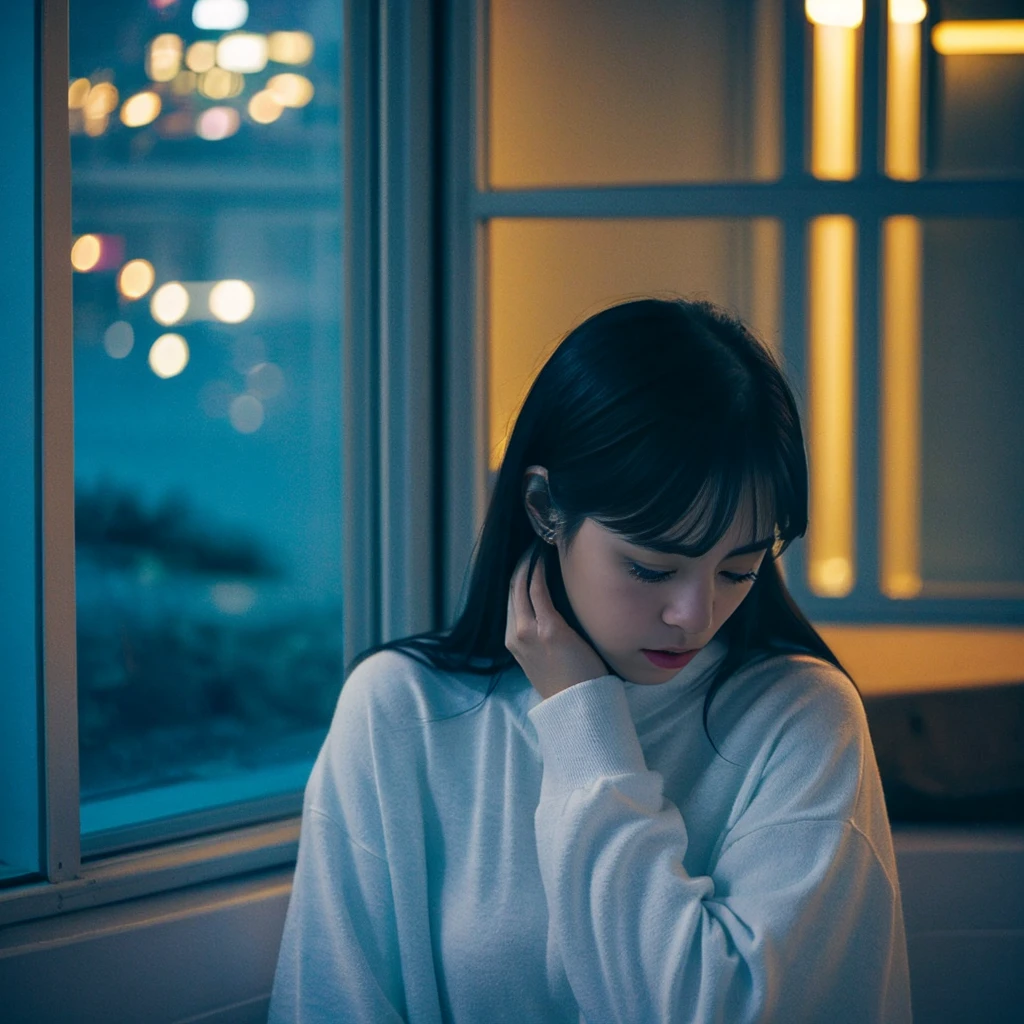"A room in a high-rise building、There is a large window with a view of the city at night.。The room is dimly lit、A young woman is in the arms of a man。She buried her face in his chest、A tear runs down my cheek from my eye。The man is sleeping with his eyes closed and a calm expression on his face。In the room, as if to symbolize her feelings,、A pale blue light floats、Outside the window, the neon lights of the city shine brightly.。To express the silence of the night、Based on deep blue and navy blue、Bright colors of neon lights(red、yellow、pink, etc.)The accent is。The room is lit with a warm orange light.、The woman's tears are highlighted in cold blue。There is a sense of sadness and loneliness、The pain of not being loved、The quiet, introverted atmosphere expresses the feelings of a woman caught between moments of peace.。", High resolution, masterpiece, highest quality, Intricate details, Very detailed, Clear focus, Delicate skin, practical skin texture, texture, Delicate eyes, Professional, 4K, Shot with Canon, 85mm, Shallow and deep, Kodak Vision Color, Exactly, Very detailed, photograph_\(Extremist\), photographpractical, practical, Post-processing, Maximum details, Roughness, Real Life, Extremist practical, Photorealism, photographgraphy, 8K Ultra HD, photographgraphy