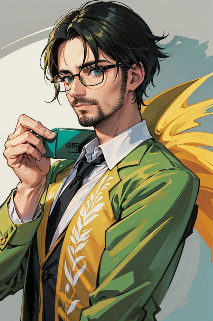 homem, glasses, olhos verdes, cabelo castanho,((melhor qualidade)),(detalhado)