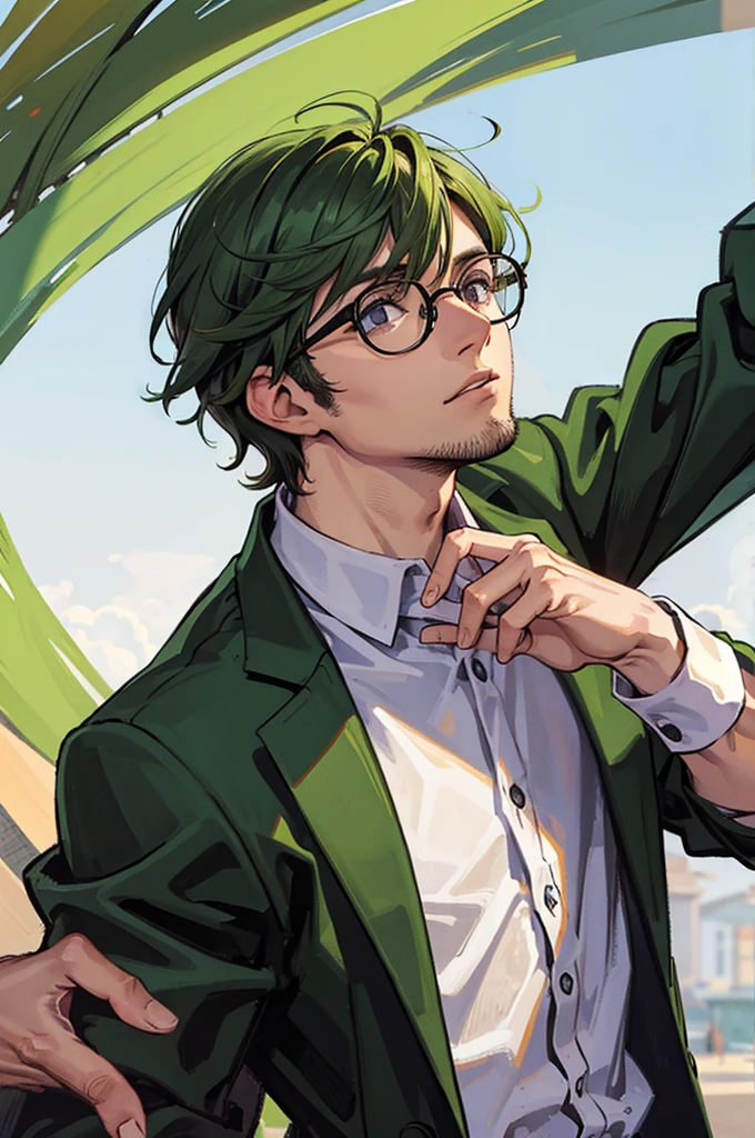 homem, glasses, olhos verdes, cabelo castanho,((melhor qualidade)),(detalhado)