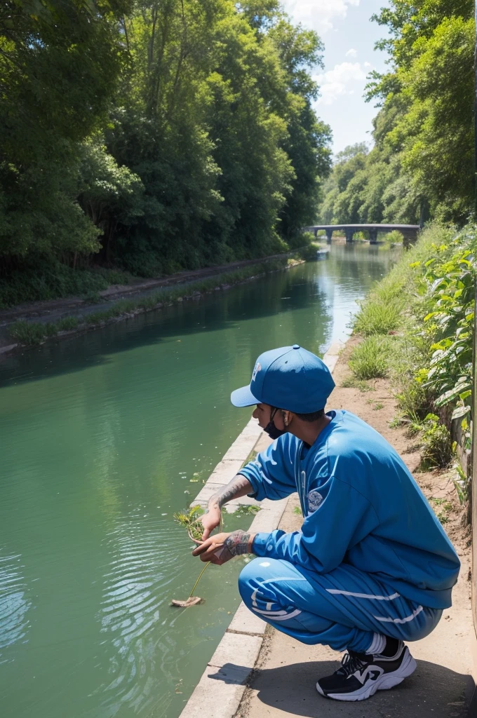 create a graffiti style drawing a male person crouches planting a seedling he has a streetwear style of clothing in the background of the image a river is running with blue waters and plantations around