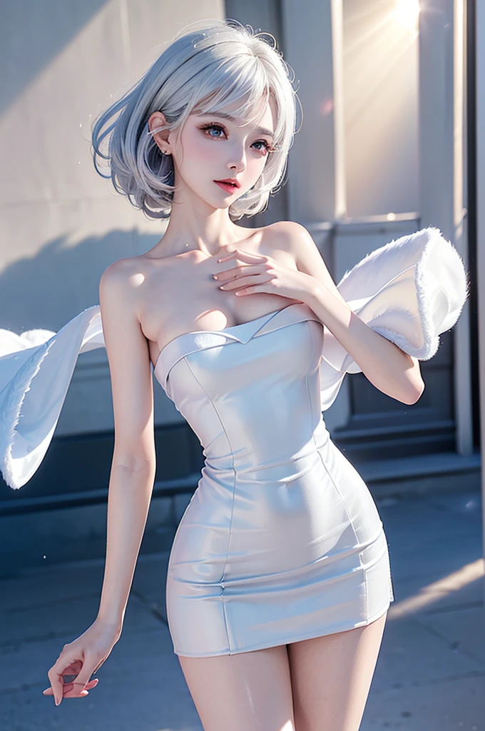 (Close-up)((masterpiece:1.5、8k、Tabletop、Photorealistic and very detailed CG、Very detailed、Particle Effects、Dynamic Effects、Written boundary depth、Cinematic Light、Lens flare、Ray Tracing、Tabletop、Realistic:1.4、超A high resolution、Realistic、Realistic))((alone、A fur coat over a white dress:1.woman wearing 3:1.4、Elegant woman posing、Detailed face、brightexpression、young, bright, Whiter skin、medium beauty breasts、Best Looks、Ultimate beauty、White hair with shiny highlights、Bright and shiny straight bob hair、Hair dancing in the wind))(morning、fantastic snow background,white thin cloth)
