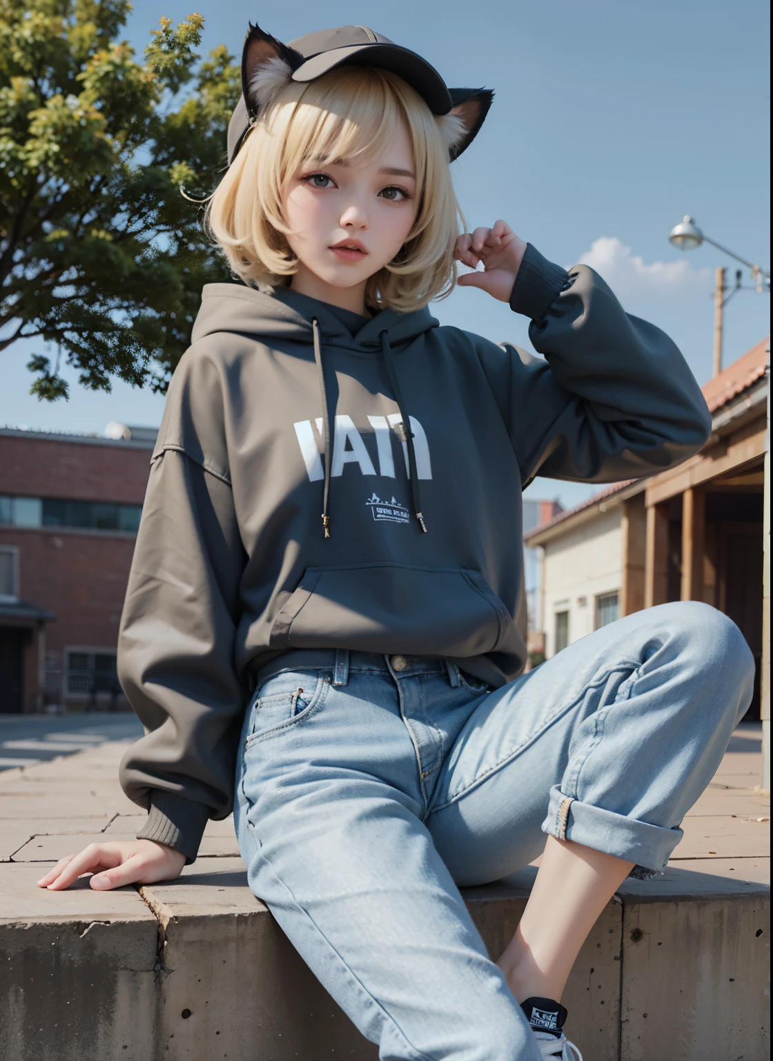 18 YEAERS OLD, 168 cm height, young girl, FULL BODY, (masterpiece), (highest quality), (illustration), (super detailed), (high resolution), absurdity, one girl, short hair, hair clip, (oversized hoodie with cat ears), black hooduie, wearing a hoodie hat, moe sleeves, blush, wears sport shorts, (blonde), very cute girl, small, young, delicate, Outdoors, attention to girls