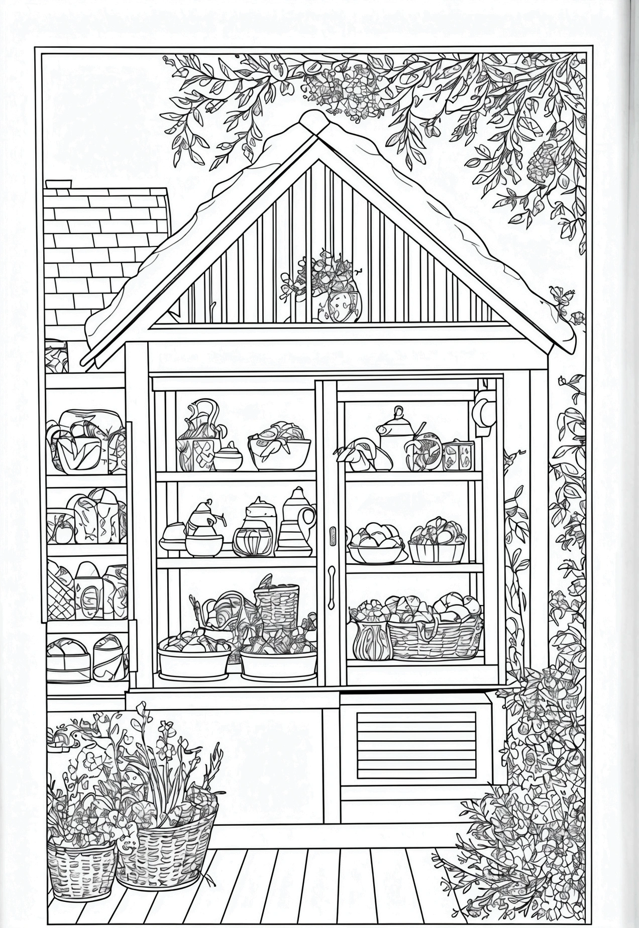 grey and white only, Book page coloring art, All-white background, Use only outlines, line art, coloring book, Clean line art, For coloring Simple and clean line art, coloring book page, perfect symmetric details, Countryside Bakery: A rustic bakery with a stone oven outside, loaves of bread cooling on racks, and a flower garden in the front yard.