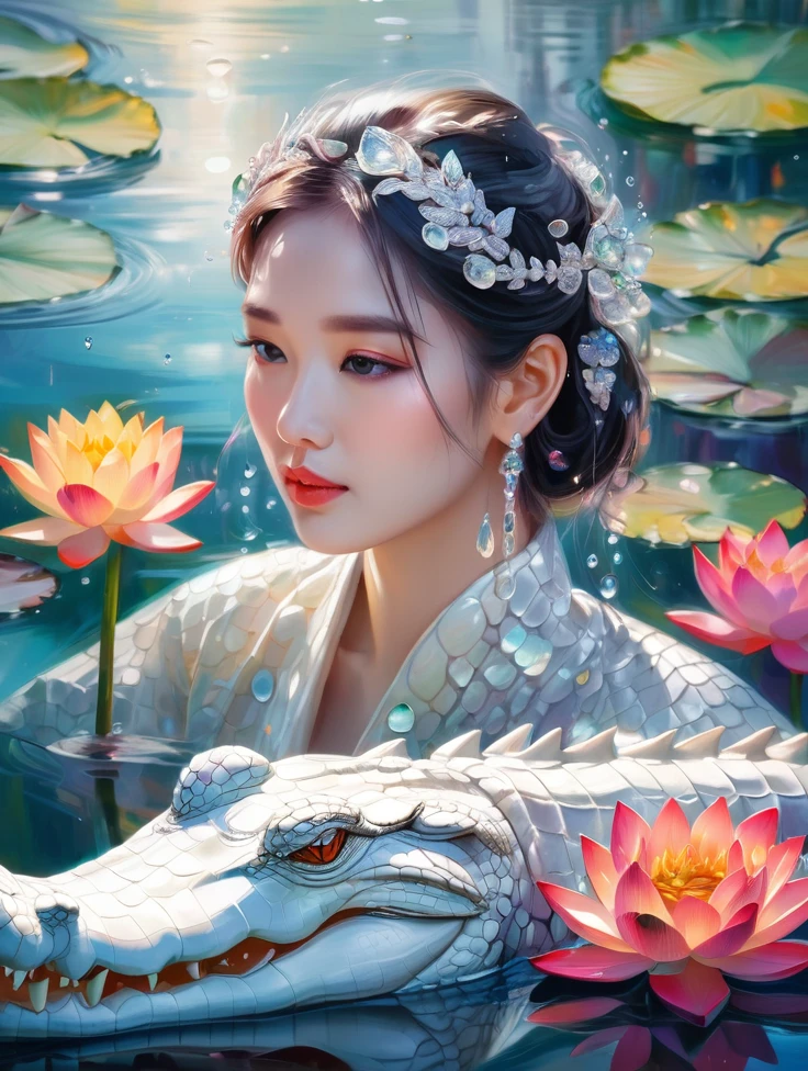 a women, white crocodile, lake, lotus, Colorful colors, surrounded by water bubbles, in the style of Kawacy, Masterpiece, Oil painting drawn in realis style, head close - up, exaggerated perspective, Tyndall effect, water drops, mother - of - pearl iridescence, Holographic white,