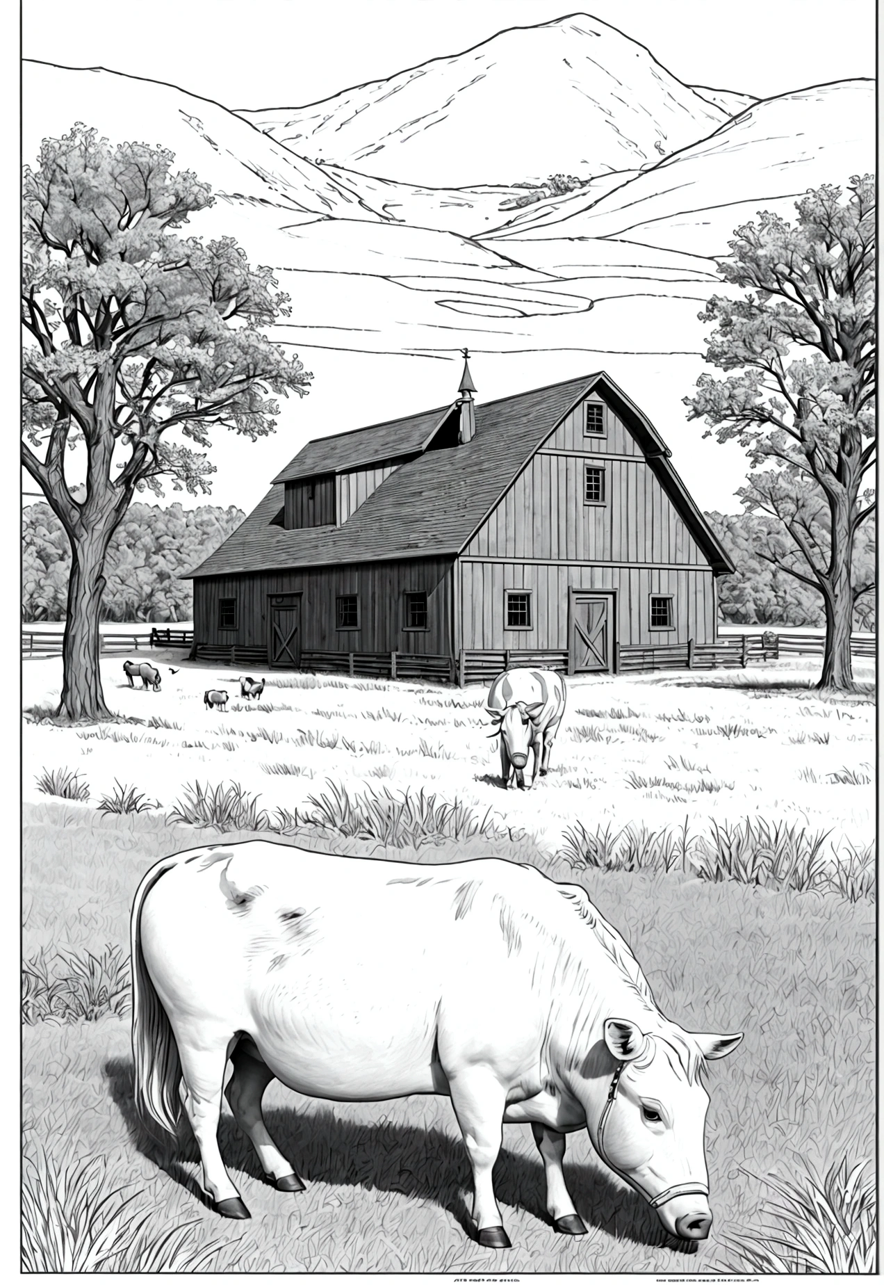 grey and white only, Book page coloring art, All-white background, Use only outlines, line art, coloring book, Clean line art, For coloring Simple and clean line art, coloring book page, perfect symmetric details, Farm Animals: A pastoral scene with various farm animals, including cows, pigs, chickens, and a horse grazing in a field, with a red barn in the background.