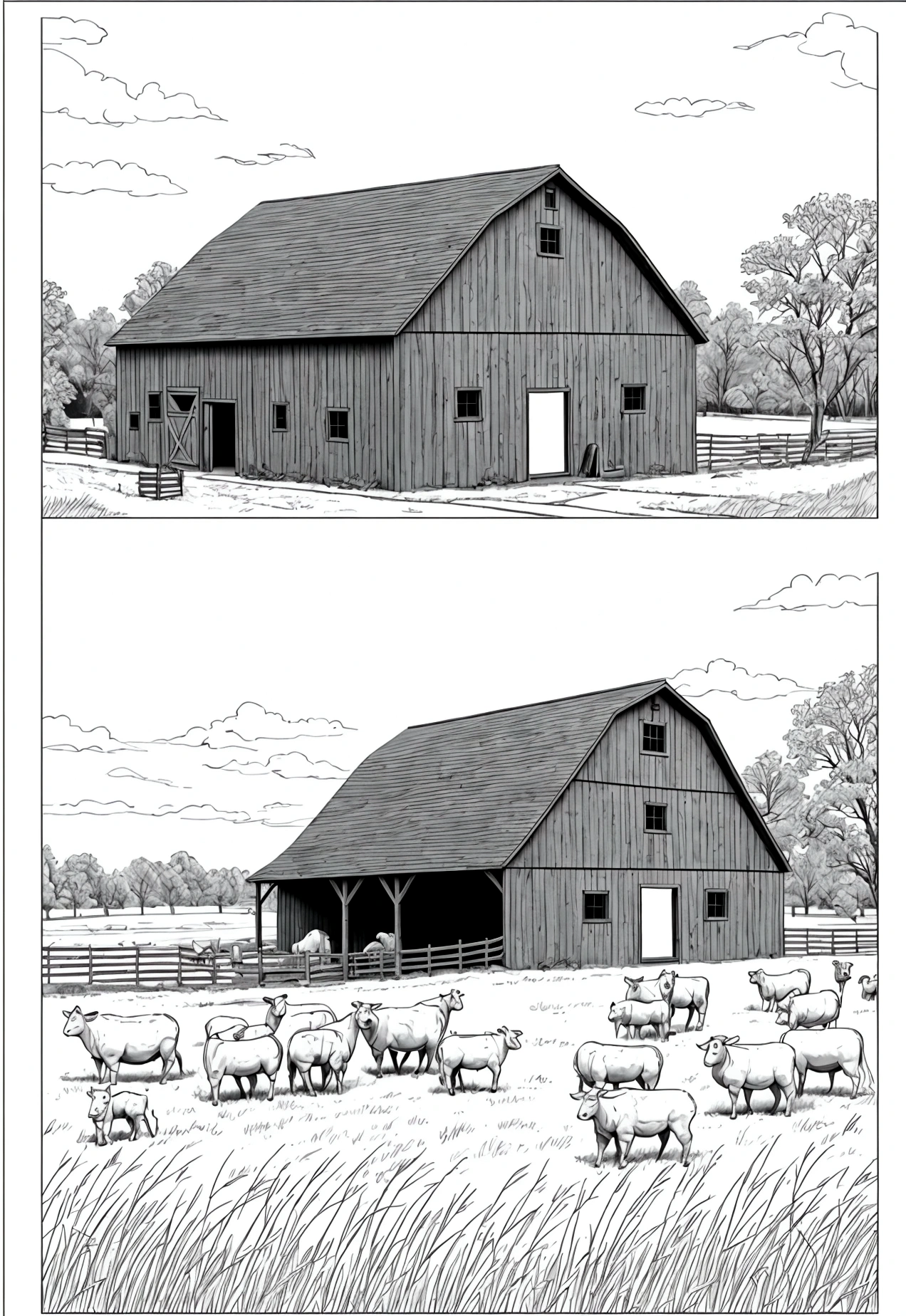 grey and white only, Book page coloring art, All-white background, Use only outlines, line art, coloring book, Clean line art, For coloring Simple and clean line art, coloring book page, perfect symmetric details, Farm Animals: A pastoral scene with various farm animals, including cows, pigs, chickens, and a horse grazing in a field, with a red barn in the background.