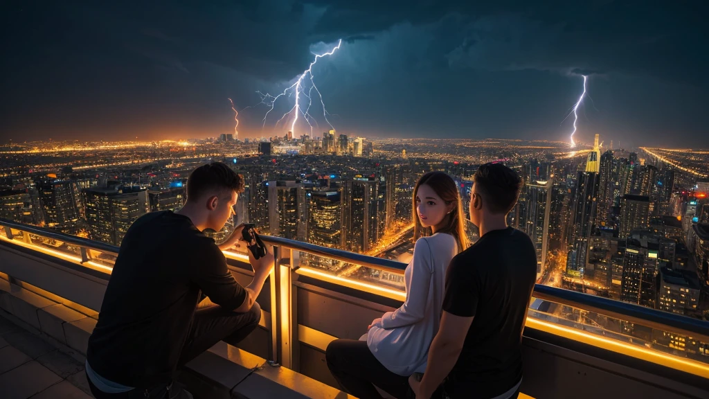 "Young woman and young man sitting on bridge, Observe breathtaking views of the burning city from above. Scenes are rendered with very realistic night vision, Create an immersive atmosphere with lightning and lightning effects. Images are top-notch quality, Boasting stunning 8K UHD graphics."