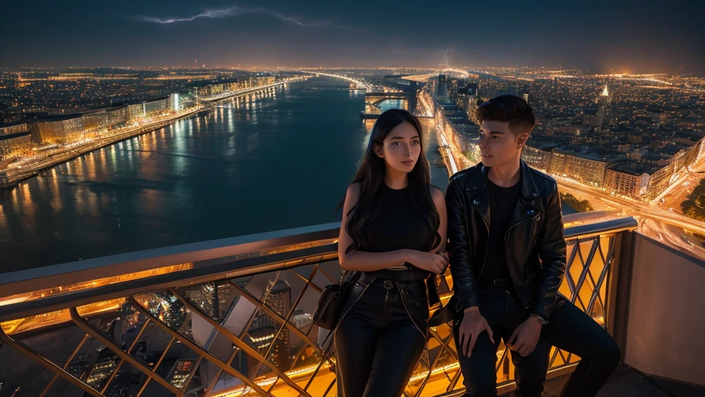 "Young woman and young man sitting on bridge, Observe breathtaking views of the burning city from above. Scenes are rendered with very realistic night vision, Create an immersive atmosphere with lightning and lightning effects. Images are top-notch quality, Boasting stunning 8K UHD graphics."