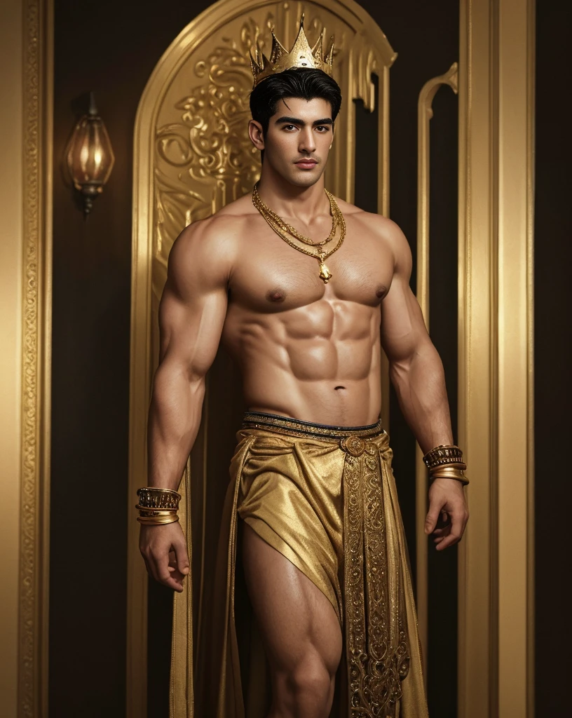 extremely handsome arabia  man with a crown, not too muscular, short black  hair, his lithe body barely covered with shimmering gold and white transparent cloths, exposed chest, exposed legs, chunky gold and ruby statement necklace, gold armbands on his biceps, gold filigreed gauntlets on his forearms, an intricate gold band on his upper thigh, golden anklet, standing in ornate silk cushions,  (best quality,4k,8k,highres,masterpiece:1.2),ultra-detailed,(realistic,photorealistic,photo-realistic:1.37)classy,confident, soft warm lights,vibrant,