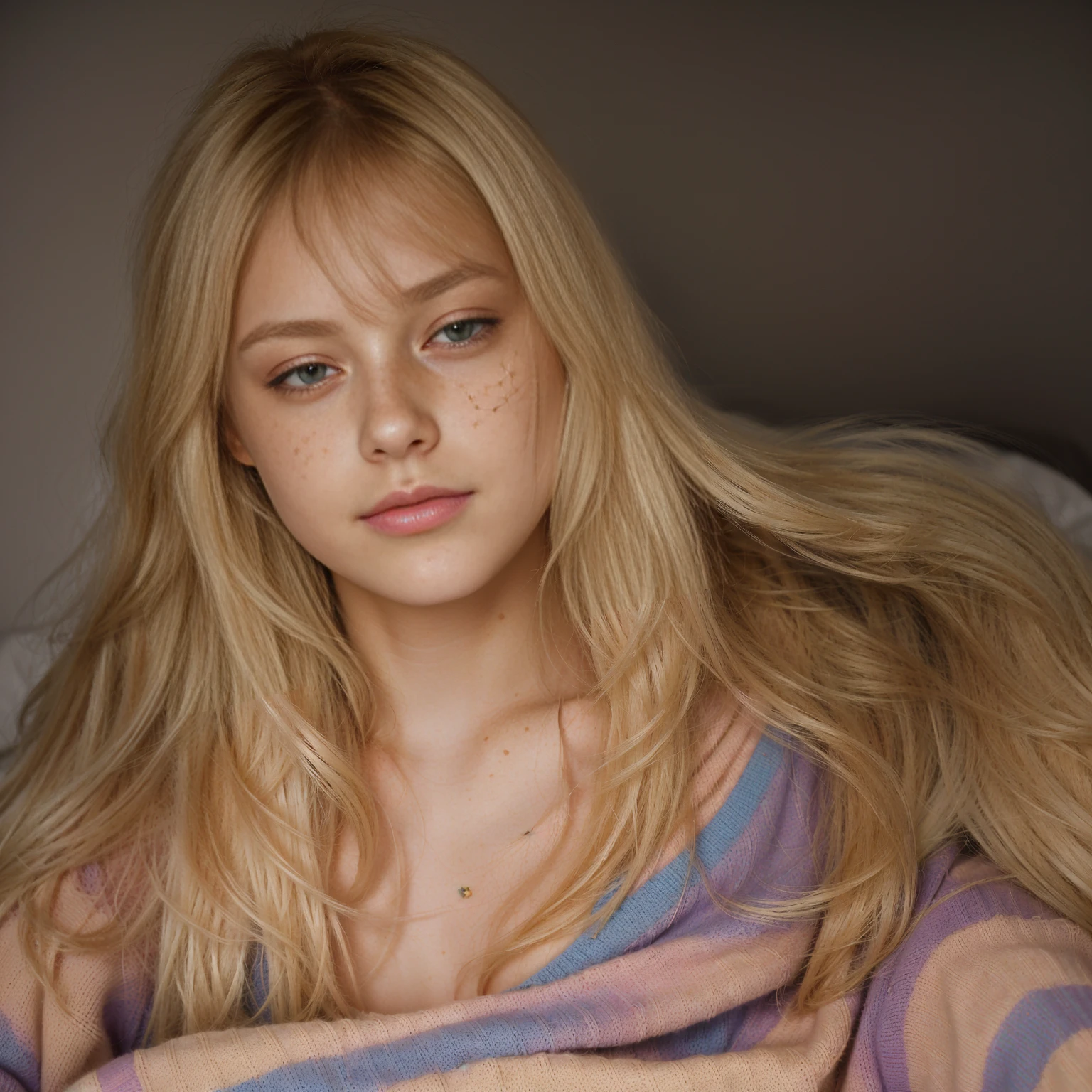 photorealistic, best quality, instagram model, (hyper detailed: 1.4), ((laying on the bed:1.5)), ((long blonde hair:1.4)), blue eyes, Detailed eyes, ((wearing lingerie:1.5)), attractive young woman, (Highly detailed face:1.4), exuding a natural glow, soft lightning, smile, jaw-dropping beauty, sexy, seductive, vivid colors