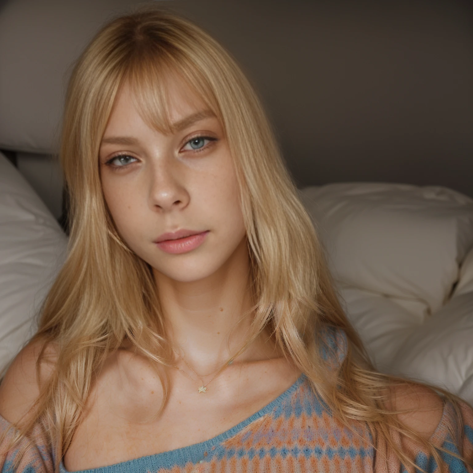 there is a woman with blonde hair and a colorful sweater, soft portrait shot 8 k, wlop glossy skin, ethereal vaporous tan skin, sultry expression, stylized portrait h 0, hyperrealistic teen, bedroom eyes, soft freckles, inspired by Károly Lotz, realistic face moody lighting, sleepy fashion model face