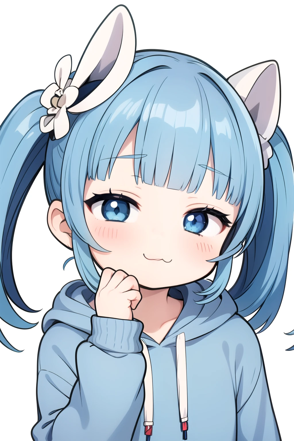 1girl, :3, twintails, upper body, looking at viewer, half-closed eyes, hoodie, blue hair, blue eyes, Nijisanji, gawr gura,