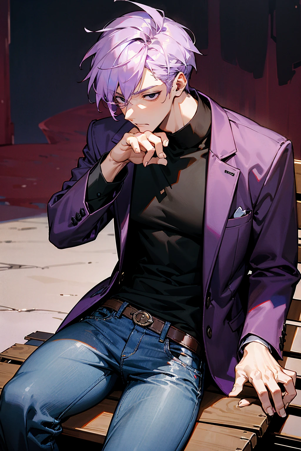 1male, light purple hair, black eyes, burgundy jacket, black undershirt, jeans, tired, expressionless, park background, sitting on bench, detailed background