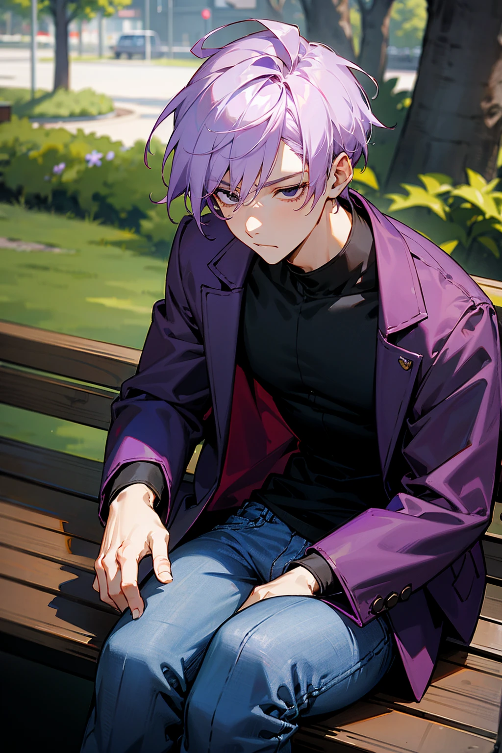1male, light purple hair, black eyes, burgundy jacket, black undershirt, jeans, tired, expressionless, park background, sitting on bench, detailed background