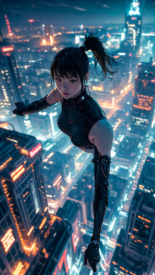 (Very detailed, masterpiece:1.2), Very detailedなアートワーク, highest quality, High resolution, Excessive realism:1.37, Attractive girl, Girl landing on the ground,Big Breasts, Urban Background, Realistic lighting, Vibrant colors, Elegant Dresses, Flowing hair,ponytail,  Graceful posture, Attractive look, Captivating eyes, Delicate facial features, Dynamic Movement, Busy Street, Skyscraper, Traffic jam, Glowing neon signs, Vibrant city life, The city views are breathtaking, Intricate architectural details, The city lights are bright, Bustling city atmosphere, Busy Street, Modern cityscape, Urban Energy