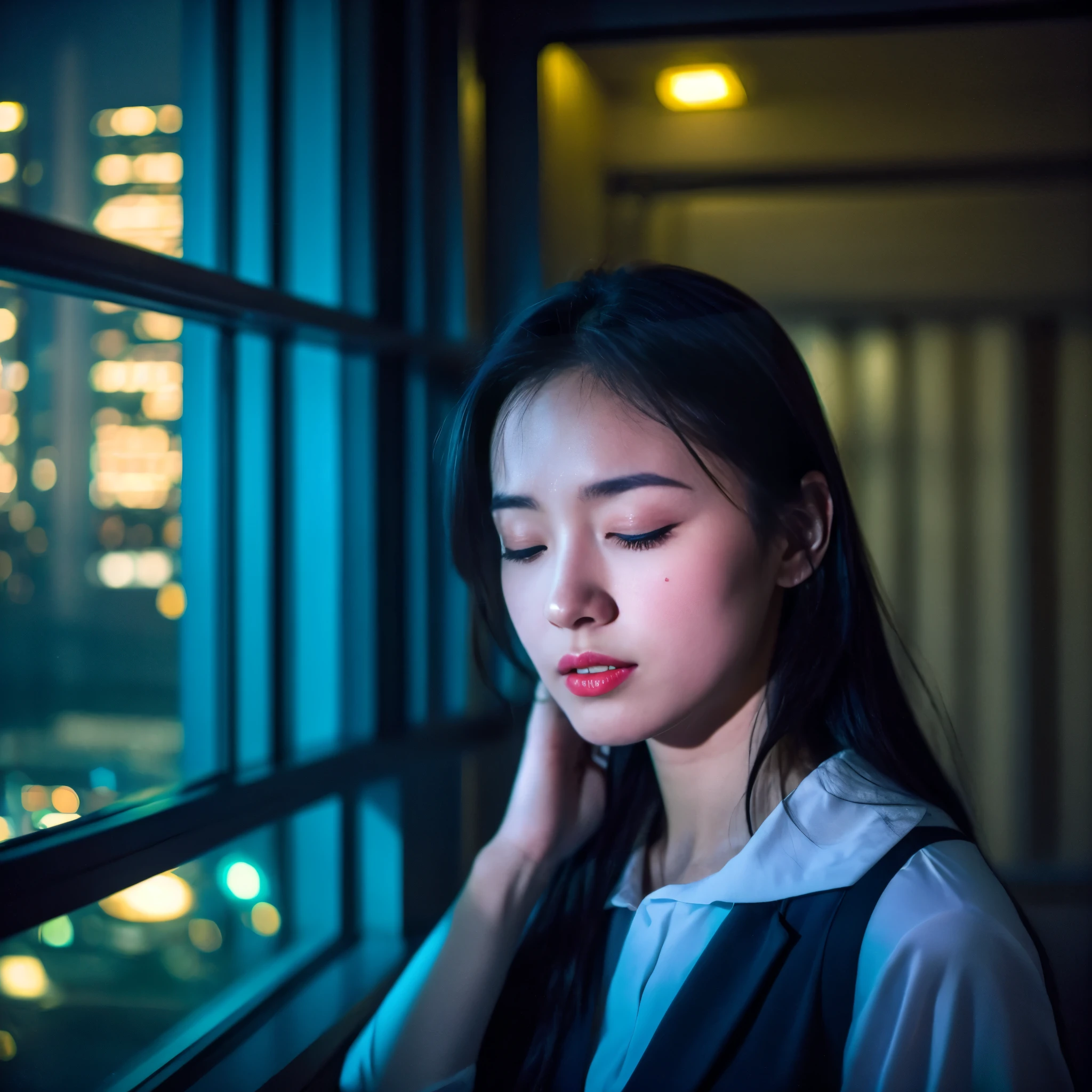 "A room in a high-rise building、There is a large window with a view of the city at night.。The room is dimly lit、A young woman is in the arms of a man。She buried her face in his chest、A tear runs down my cheek from my eye。The man is sleeping with his eyes closed and a calm expression on his face。In the room, as if to symbolize her feelings,、A pale blue light floats、Outside the window, the neon lights of the city shine brightly.。To express the silence of the night、Based on deep blue and navy blue、Bright colors of neon lights（red、yellow、pink, etc.）The accent is。The room is lit with a warm orange light.、The woman's tears are highlighted in cold blue。There is a sense of sadness and loneliness、The pain of not being loved、The quiet, introverted atmosphere expresses the feelings of a woman caught between moments of peace.。", High resolution, masterpiece, highest quality, Intricate details, Very detailed, Clear focus, Delicate skin, practical skin texture, texture, Delicate eyes, Professional, 4K, Shot with Canon, 85mm, Shallow and deep,  Kodak Vision Color, Exactly, Very detailed, photograph_\(Extremist\), photographpractical, practical, Post-processing, Maximum details, Roughness, Real Life, Extremist practical, Photorealism, photographgraphy, 8K Ultra HD, photographgraphy