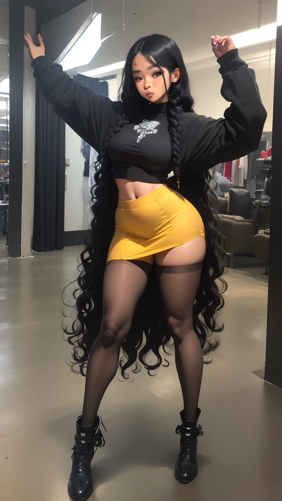 ((21-year-old))), black girl, (((light skin))), (((full body pose))),  (((long curly black hair))), (((wearing tight micromini skirt))), (((seamless, black, pantyhose))), dark fantasy, Rich, Deep Colours, (intricate details:0.9), (HDR, hyper-detailing:1.2), (natural skin textures, hyper realisitc, glistening skin, soft light, Sharp),