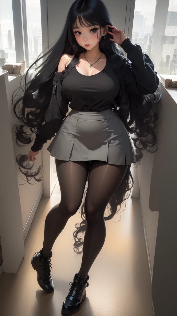 ((21-year-old))), black girl, (((light skin))), (((full body pose))),  (((long curly black hair))), (((wearing tight micromini skirt))), (((seamless, black, pantyhose))), dark fantasy, Rich, Deep Colours, (intricate details:0.9), (HDR, hyper-detailing:1.2), (natural skin textures, hyper realisitc, glistening skin, soft light, Sharp),