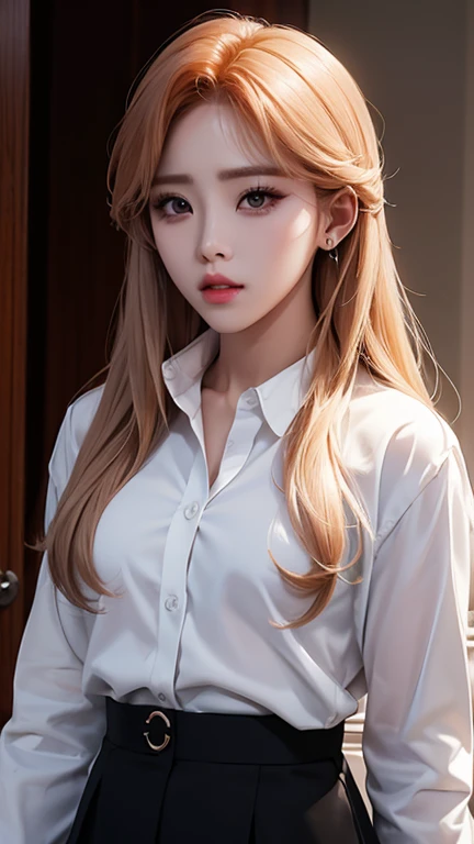 Moonbyul membro do grupo de kpop mamamoo, com roupa de estudante, saia curta, camisa social semi aberta, sexy and seductive facial expression