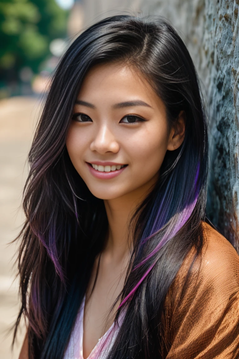 arafed woman with long black hair with purple highlights standing on the chinese wall, flowing long black hair with, with black hair, photo of a beautiful woman, long flowing black hair, black golden hour, curly black hair, beautiful young asian woman, beautiful asian woman, wild ginger hair, pink wispy hair, light black hair, a young asian woman, an asian woman, infp young woman, Portrait photo of a 24-year-old french girl in RAW UHD format (Brown-eyed woman) , surfing), Details (textures! , Hair! , glistering, Color!! , imperfections: 1.1), highly detailed glossy eyes (looking at the camera), DSLR Lighting, SLR camera, Ultra-Quality, sharpness, Depth of field, Film grain (Downtown), Fujifilm XT3, Crystal clear, Frame Center, beautiful face, sharp-focus, bokeh (sunlight), (open sky), detailed skin pores, oilly skin, suntan, Complex eye details,  ((detailed hair)),  (smiling), 