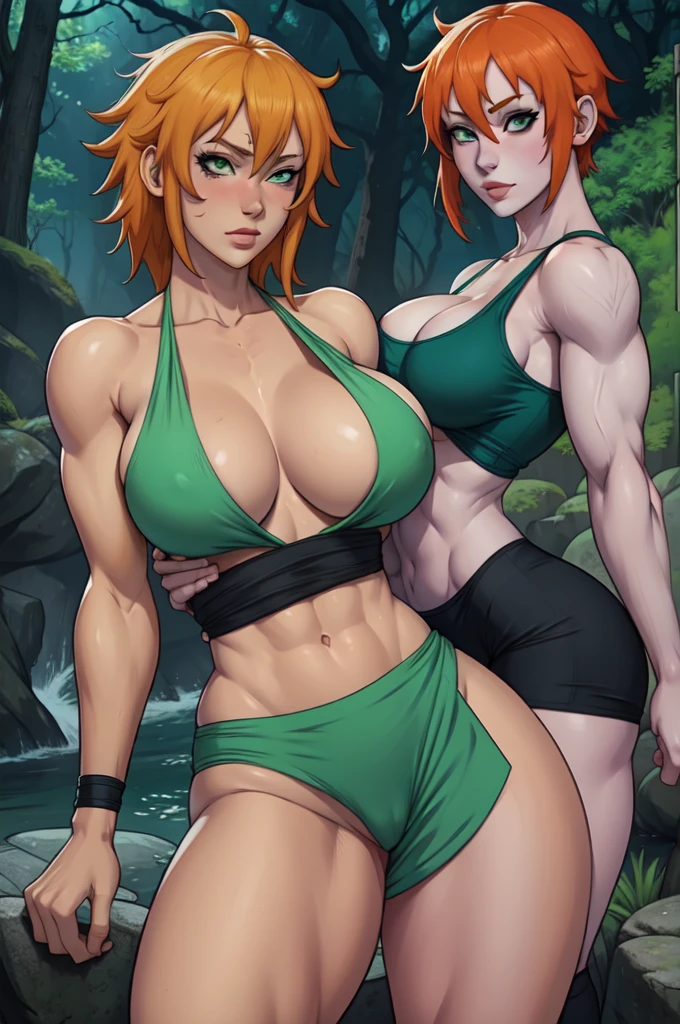 A pale skin Nami + Naruto sexy with tired eyes mel medium hair green eyes,huge muscle veiny bulging veins tatuagem escorpião body,getting insane with power,colossal,maniacal,backshot