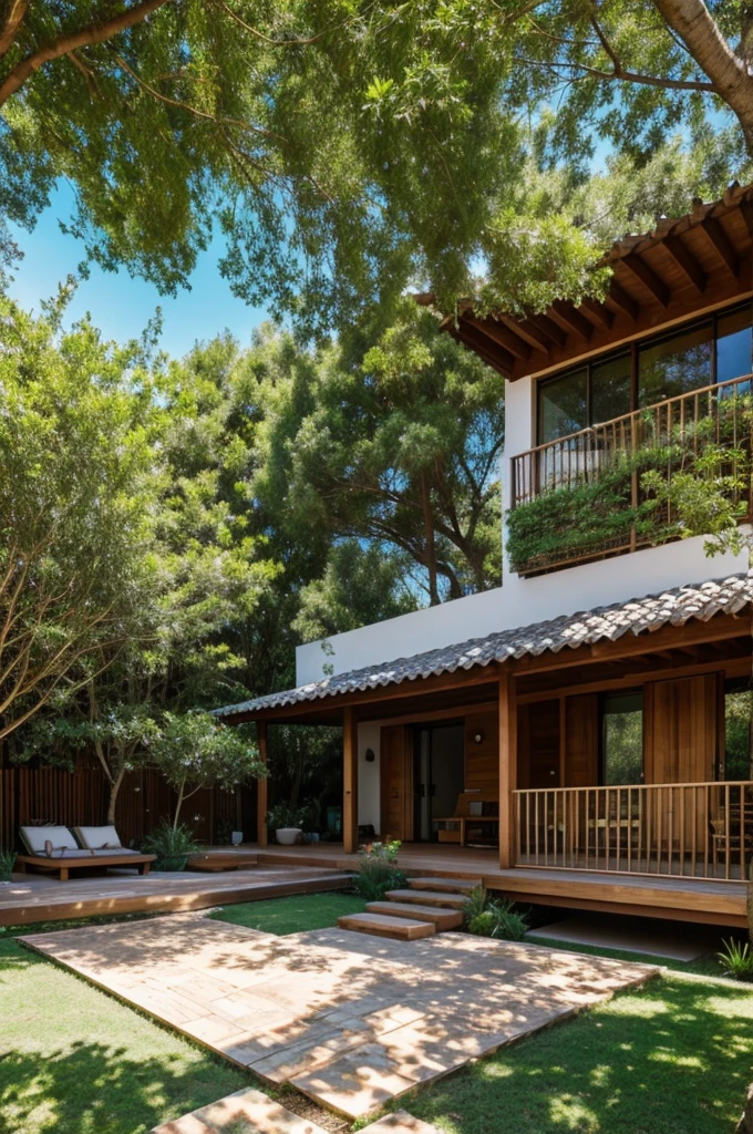Un campo hermoso con plantas y pocos arboles,soleado y que a lo lejos haya una casa de madera bonita