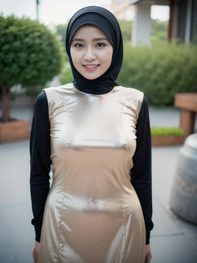 36 years Old, Hijab Indonesian mature woman, hardware store, Slim body, tight long sleeve dress, Breast about To burst out, blur background, bokeh, smiling, elegant, detailed skin, 