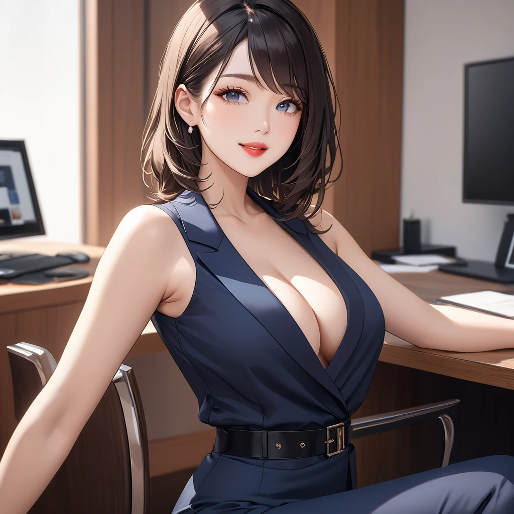 (((masterpiece))),(((High resolution)))、(((8K quality)))、(((perfect face)))、(((Beautiful office woman))), ((sleeveless)), tights, skirt, look at the camera, ((top quality eyes)), detailed face, (detailed texture), look at the camera, big，cleavage，lipstick，Smile
