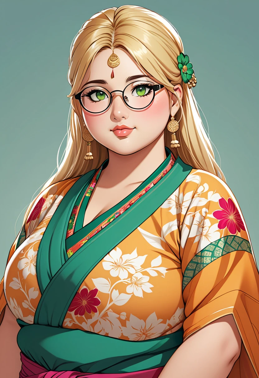 chubby girl, Blonde with green eyes, hair just above shoulders without bangs, round facial features, glasses Oriental clothing, Indian clothing style