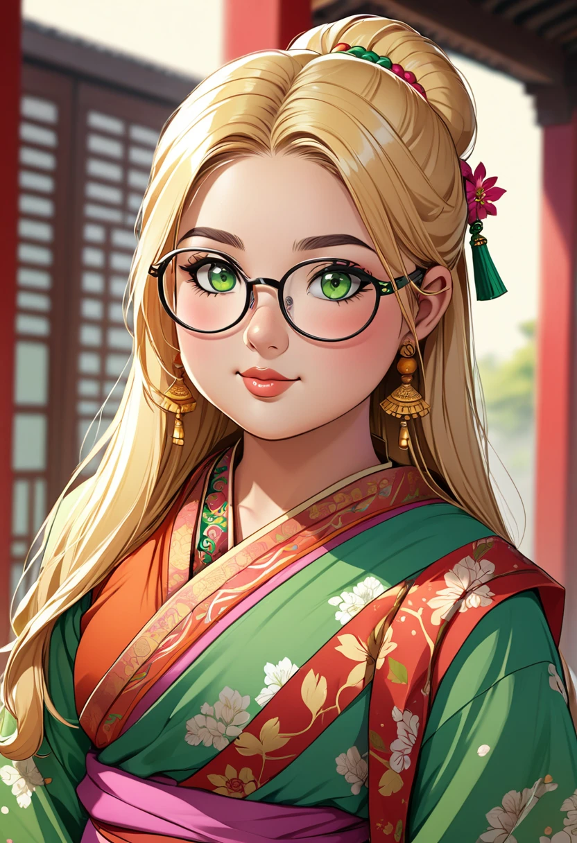 chubby girl, Blonde with green eyes, hair just above shoulders without bangs, round facial features, glasses Oriental clothing, Indian clothing style