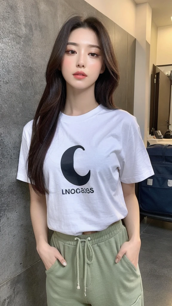 (real, High resolution:1.3), One girl with a perfect body, Very beautiful face and eyes,Long Hair, Random color short sleeve T-shirt:1.2,Baggy sweatpants