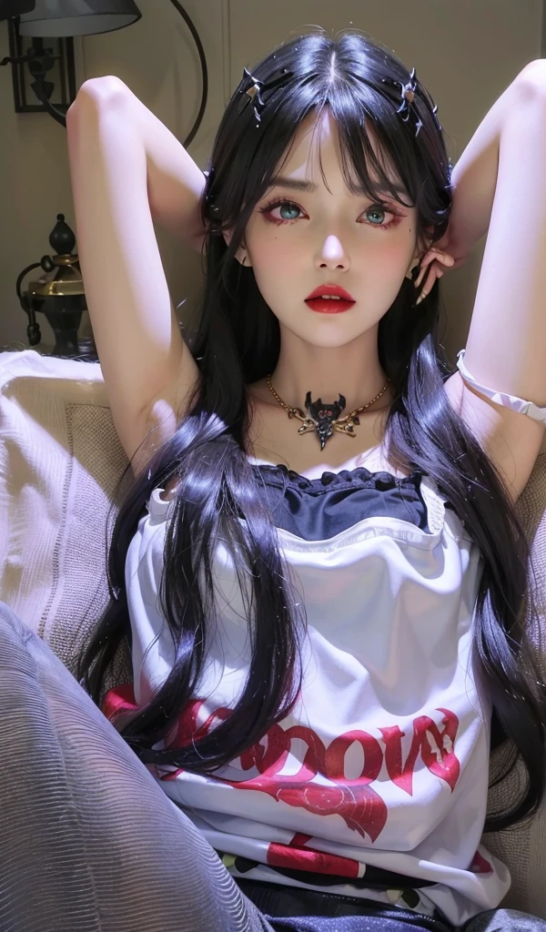 Detailed image quality，Witch Pandora，wing, Succubus Theme，堕落Angel，Excellent，scary，Secret Terror，Tentacles，With eyes，Uncanny Valley Effect，Beast Blood Moon，skeleton，vampire，Hellfire，Dark Queen，Angel，magician magic witch，16岁Angel，Eyes are blue(Pupils as deep as the starry sky)，Gorgeous tattoo designs all over the body，Surreal photos(8K picture quality，Rich in details)，Dark eyeshadow，Sexy thick lips(Red lipstick)，Tattoo designs on body，Dark Queen，Wear luxurious gold jewelry，Raise your hands